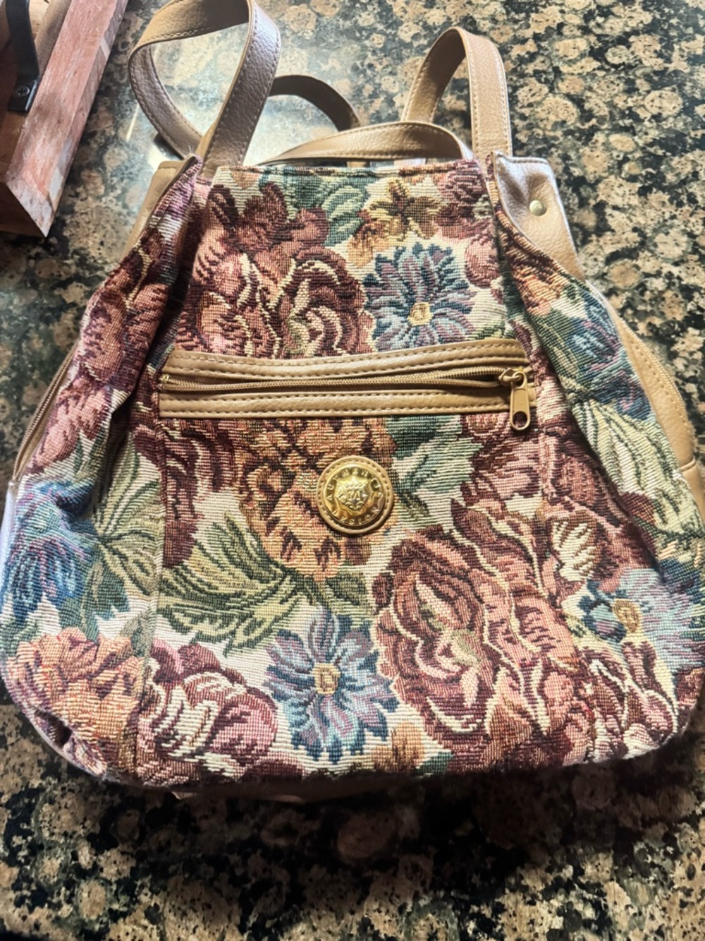 Vintage Floral Tapestry Crossbody Bag with Tan Trim